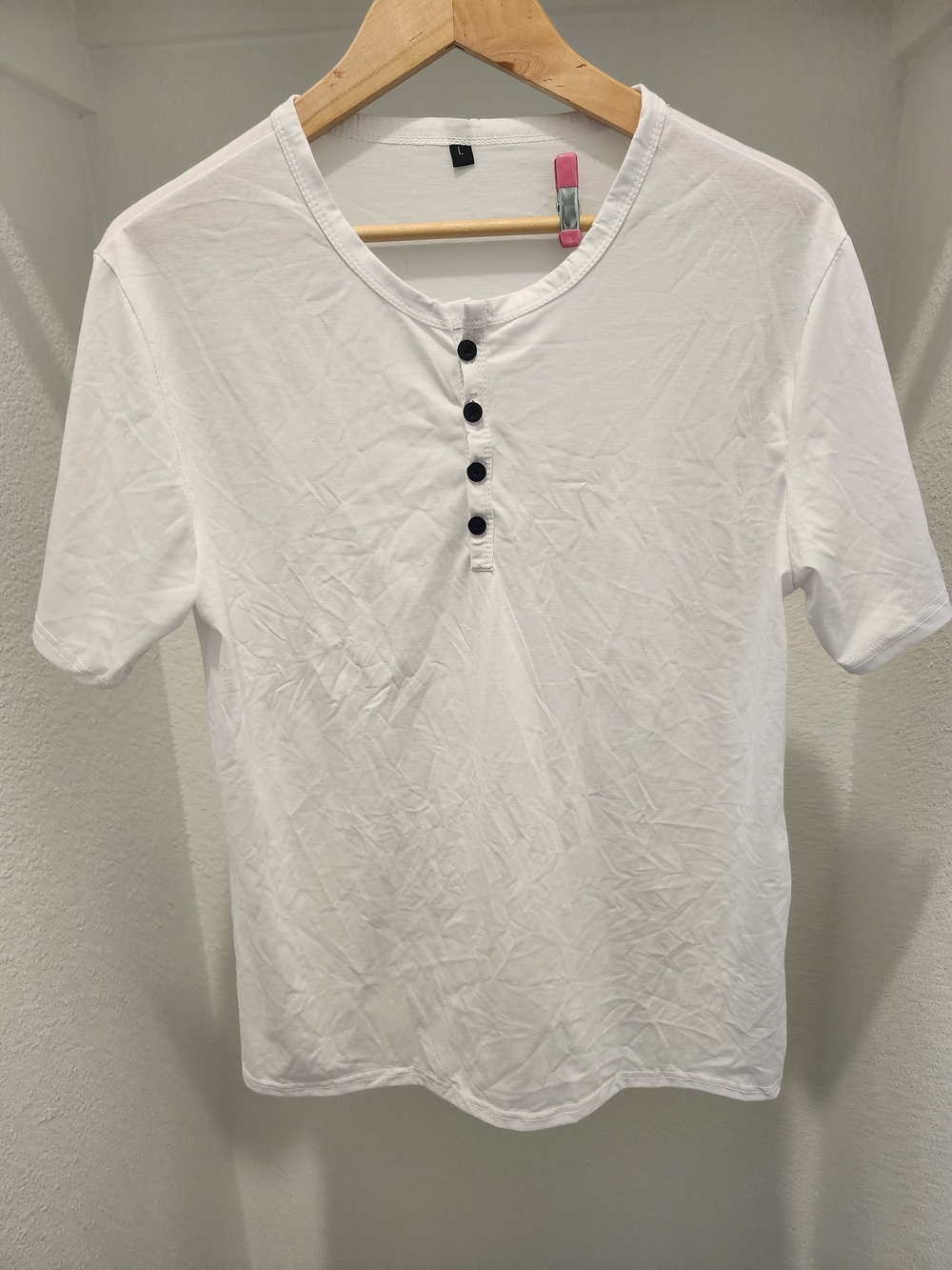 Men's White Short Sleeve Henley with Button Placket